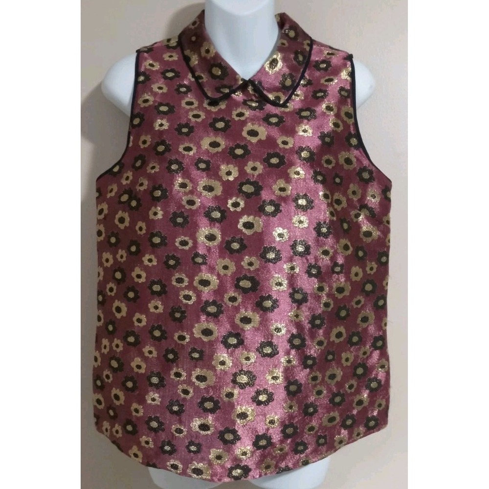 j crew Women Plum‎ Gold Black Sleeveless Collared Zip Top Size 6
